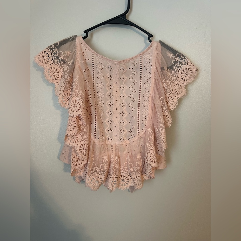 Delicate Blush Lace Flutter Sleeve blouse by ALTARD STATE